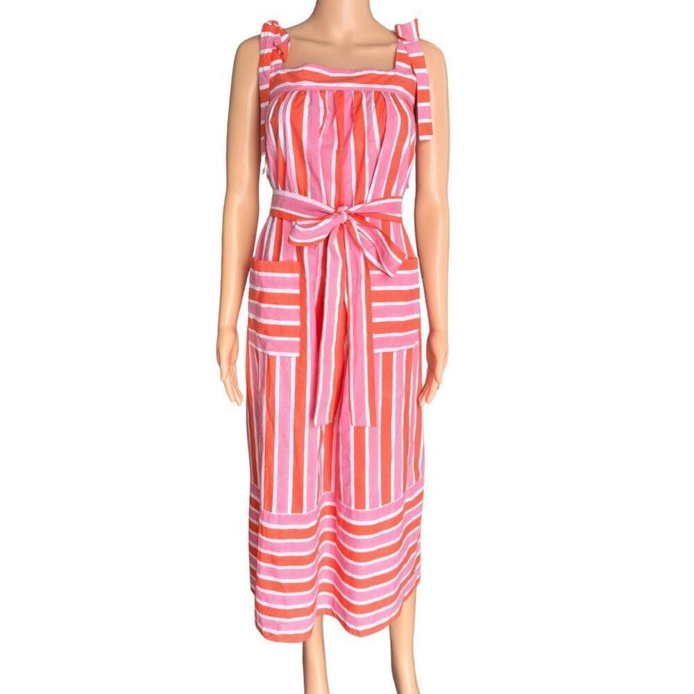 Pink City Prints Raspberry Stripe Palma Dress Small Tie Strap Midi Pockets - Picture 4 of 9